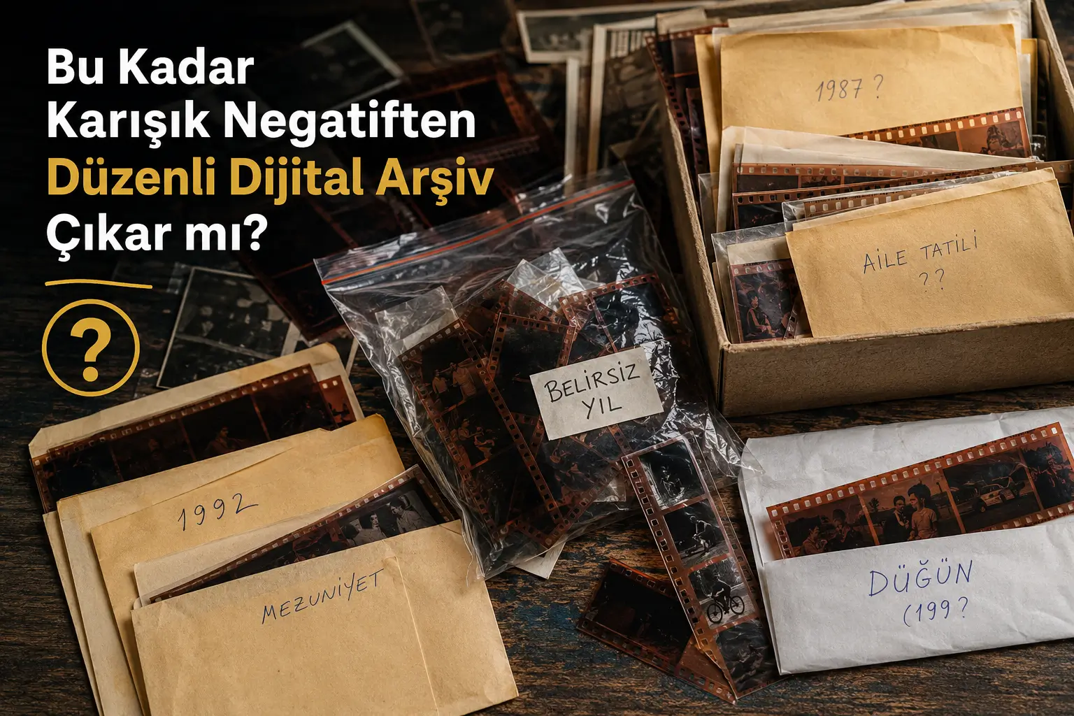 Karışık zarflar, poşetler ve kesilmiş film negatifleriyle hazırlanmış dijital arşivleme temalı negatif tarama görseli.