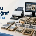 Kutulara ayrılmış eski fotoğraflar ve tarayıcı ile toplu fotoğraf tarama işlemi.