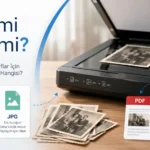 Tarayıcı yanında PDF ve JPG dosya seçeneklerini gösteren fotoğraf formatı karşılaştırma görseli.