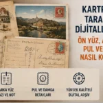 Ön ve arka yüzleri görünen eski kartpostallar, posta pulları ve damga detaylarıyla kartpostal tarama görseli.