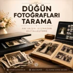 Eski düğün fotoğrafları, albüm ve tarayıcı ile düğün fotoğrafları tarama görseli.