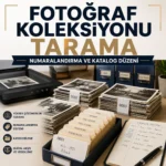 Numaralandırılmış eski fotoğraflar, katalog defteri ve tarayıcı ile fotoğraf koleksiyonu tarama görseli.