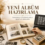 Eski fotoğraflarla yeni albüm düzenleyen kişi ve bilgisayarda fotoğraf seçimi görseli.
