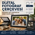 Dijital fotoğraf çerçevesinde görüntülenen aile fotoğrafı ve tarama hazırlığı görseli.